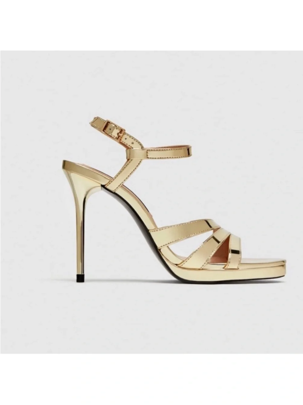 Zara Trafaluc Shiny Metallic Gold Strappy High Heel Sandals